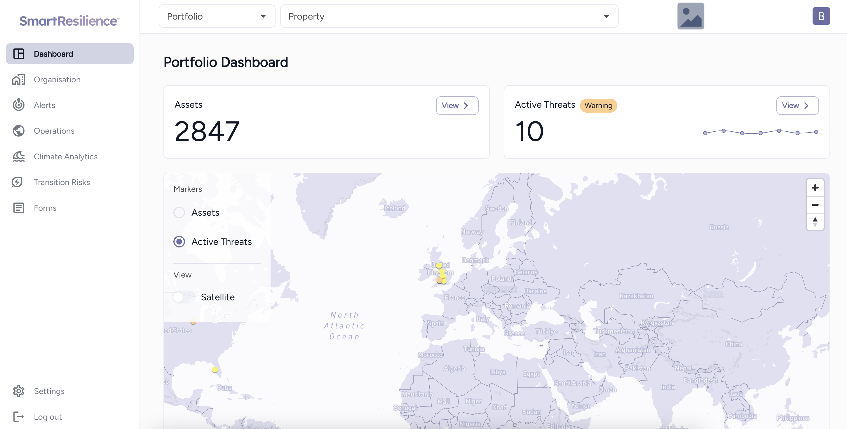SmartResilience platform showing property risk map and active alerts