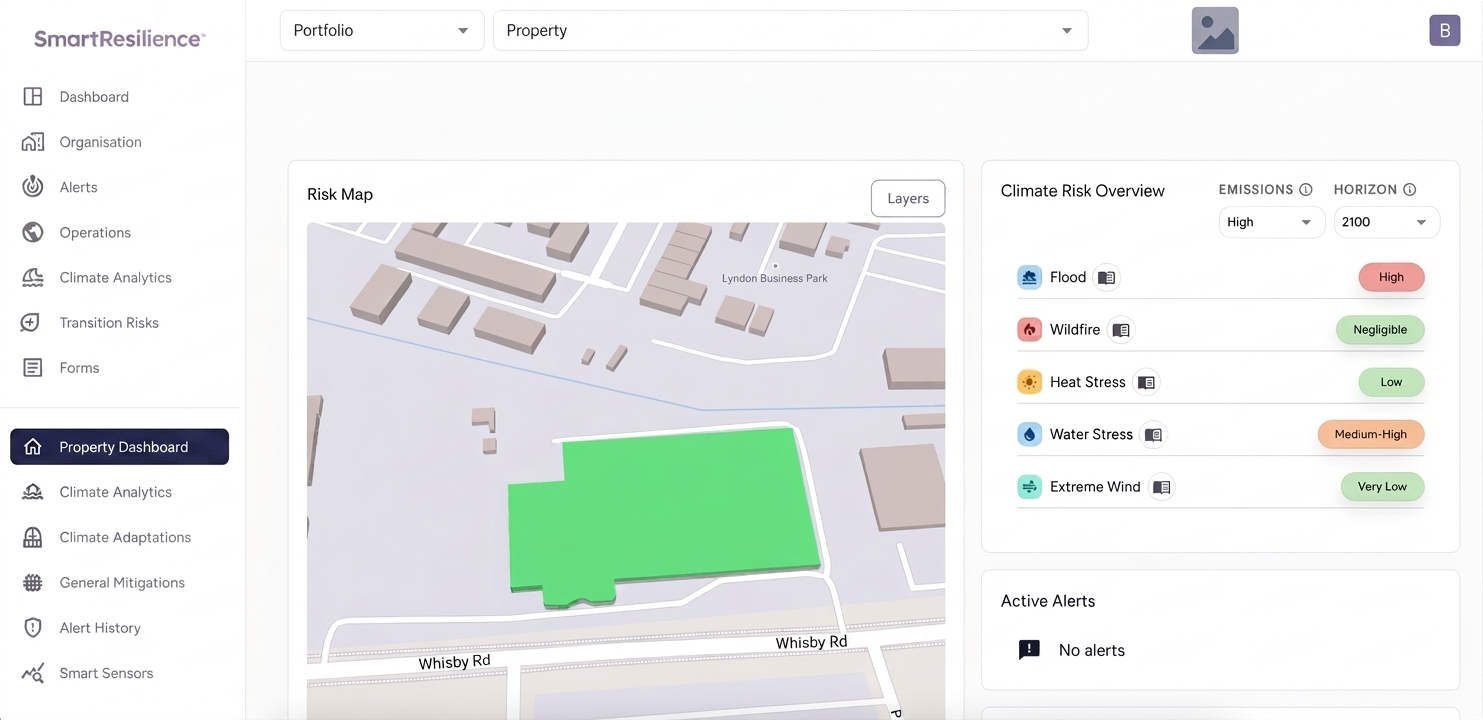 SmartResilience platform showing property risk map and climate risk overview by hazard